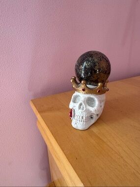 Crowned Skull Figurine with Black Marbled Orb
